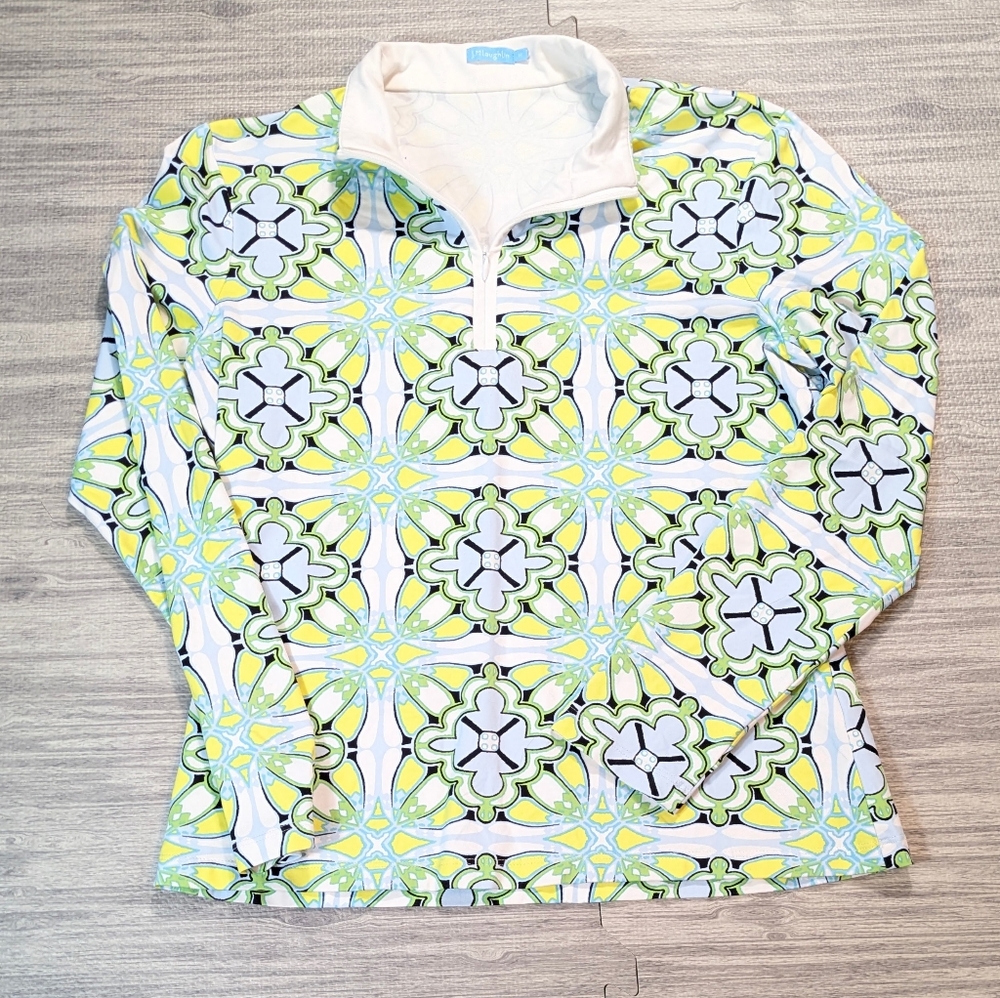 J McLaughlin Women's Bedford Yellow Green Blue Geometric Print 1/4 Zip Top Sz M - Picture 5 of 10
